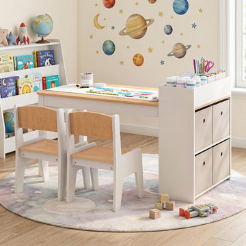Kids Art Table and Chair Set with Storage and Paper Roll, Natural