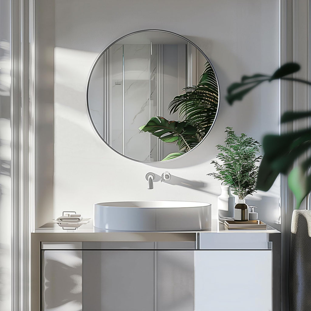 Round Mirror 22 inch, Nickel Bathroom Mirror, Brushed Metal Frame
