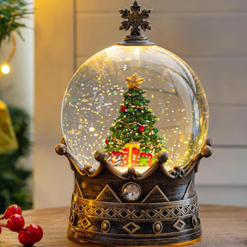Christmas Snow Globe Lantern Water Glittering Christmas Tree Crown with Music, USB Lined/Battery Operated Lighted