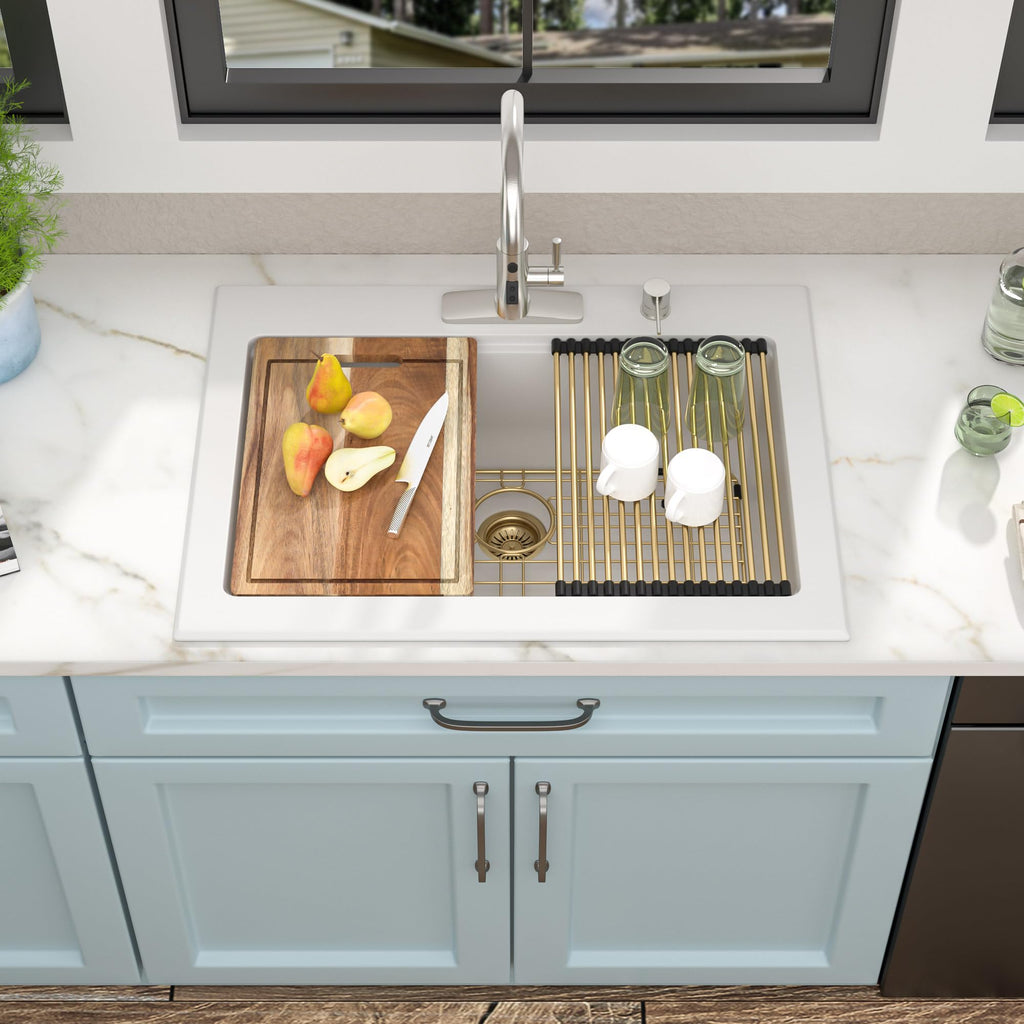 30"x22" Granite Composite Kitchen Sink - White Ledge Workstation Drop In Top-Mount Granite Quartz Classic Luxury