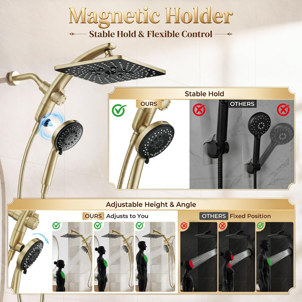 10" Gold Rain Shower Head with Handheld, 8 Functions Rainfall, Magnetic