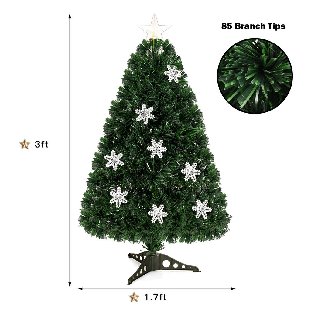 3FT Pre-Lit Christmas Tree with Multicolored Fiber Optics, 12 Snowflake LED Lights, Stunning Star, 85 PVC Tips