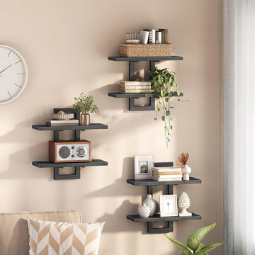 Floating Shelves, 15 Inch Wall Shelf Set of 3, Wall Mounted Storage Shelves 2-Tier, Hanging Bathroom Shelves, Black