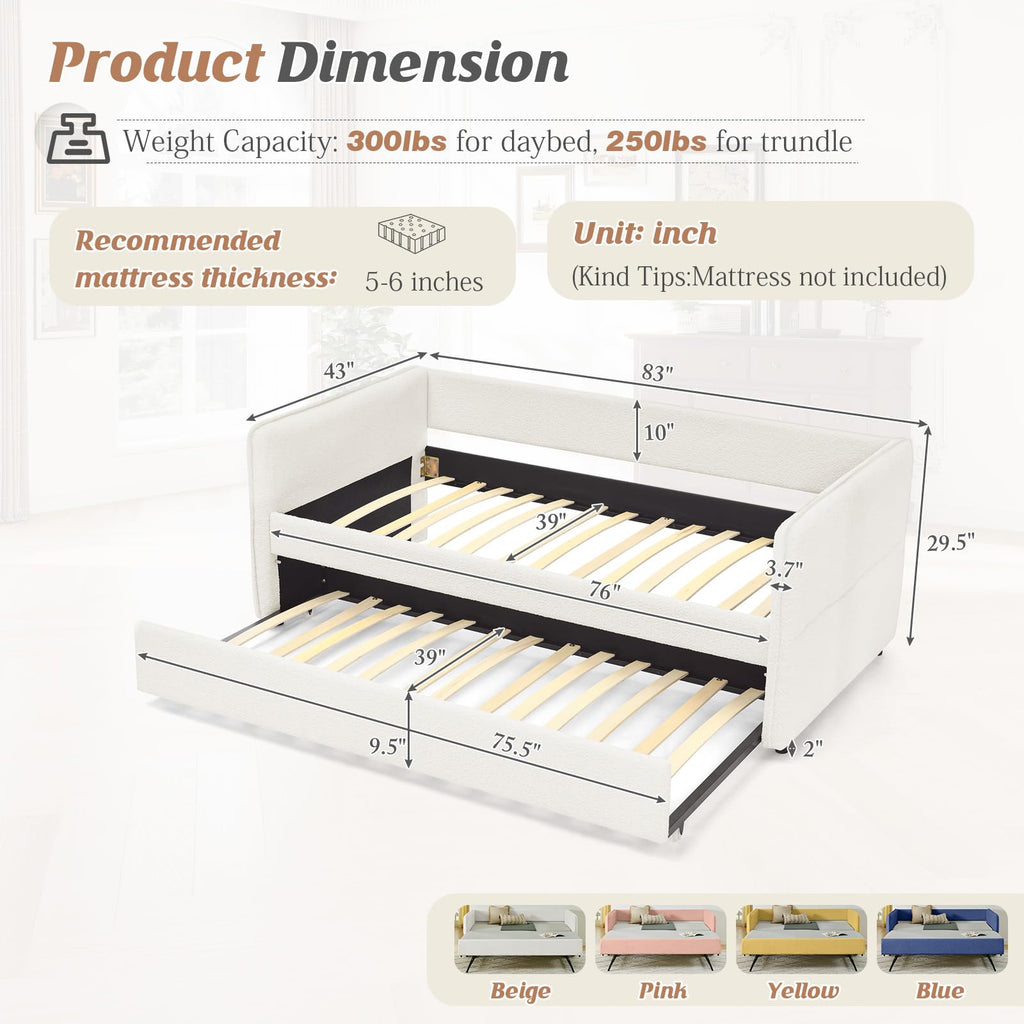Twin Size Daybed, Upholstered Boucle Fabric Day Bed Frame with Twin Roll-Out Trundle and Wood Slats Support, No Box