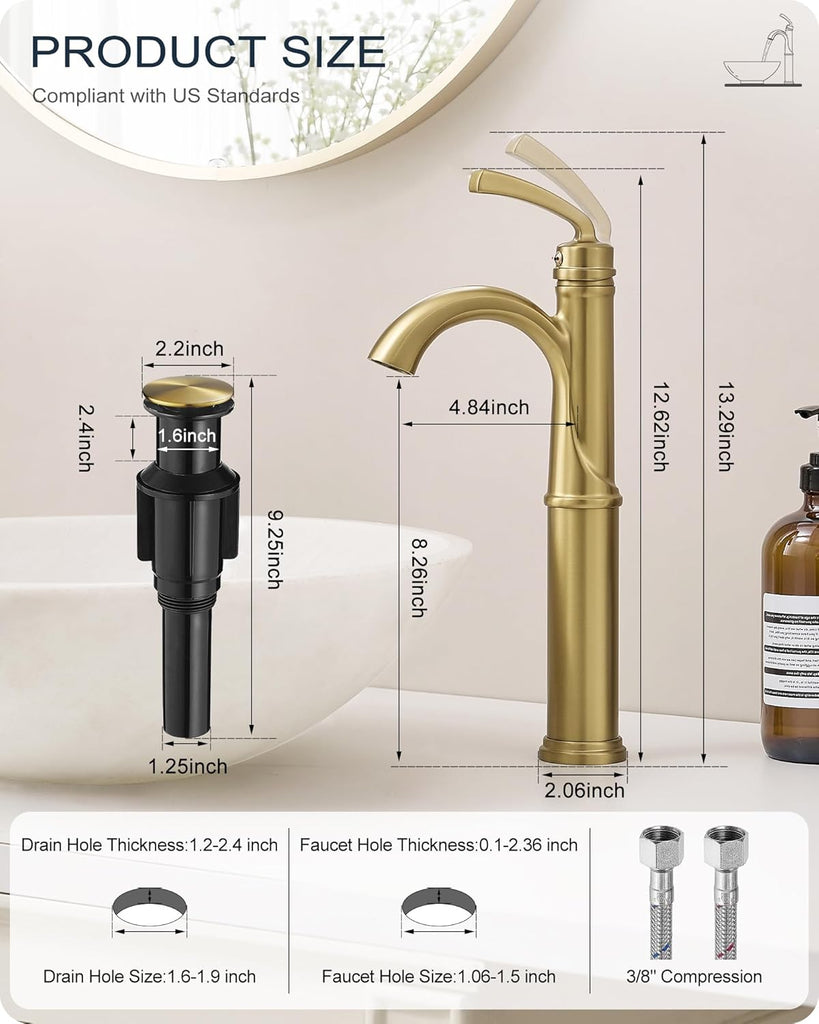Gold Vessel Sink Faucet, Brass Tall Bathroom Sink Faucet One Hole with 1 Handle, Pop Up Drain