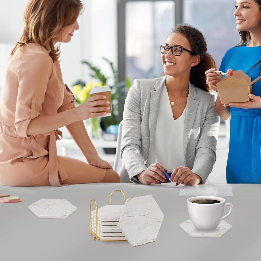 Coasters for Drinks with Holder, Absorbent Marble Coaster, Ceramic White and Gold Coasters for Coffee - Set of 8
