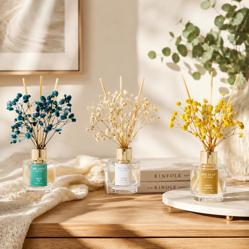 Reed Diffuser,Clean Cotton White Jasmine White Tea Oil Reed Diffusers Living Room Office Aromatherapy Oil - Set of 3