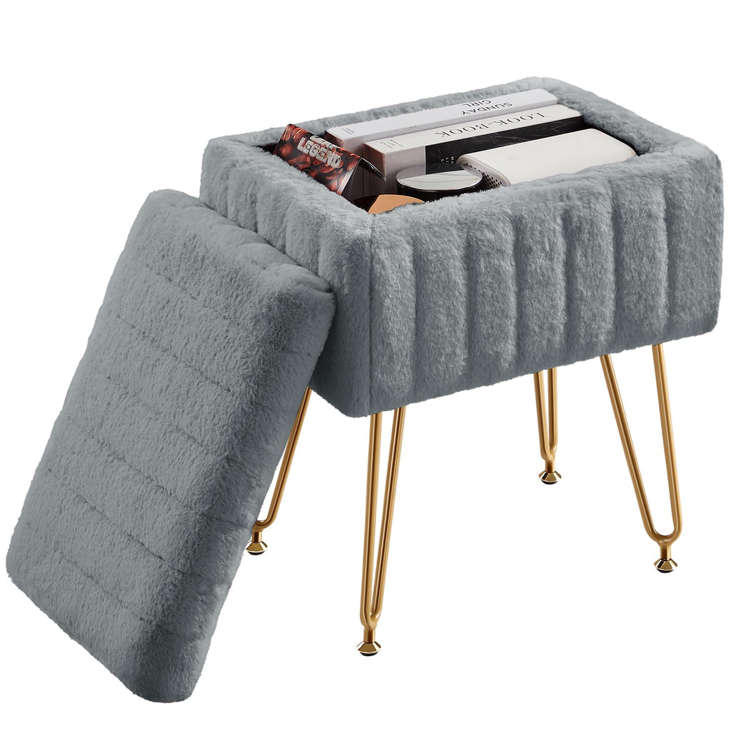 Vanity Stool Chair with Storage, 18.9"H x 16"L x 12.2"W Ottoman Chair Faux Fur Soft Padded Makeup Footstools Seat