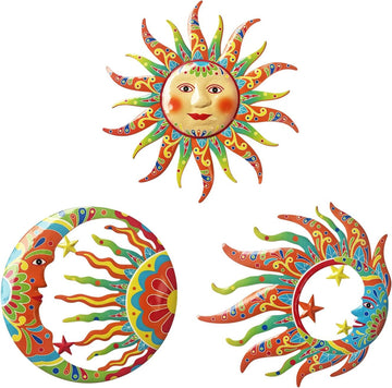 Sun Moon Sun Face Metal Wall Sculpture, Indoor Outdoor Garden Fence Decor - Set of 3
