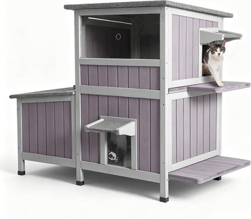 Outdoor Cat House Weatherproof for Winter, 9.78 ft2 2-Story Wooden Feral Cat Shelter with Waterproof Roof, Escape