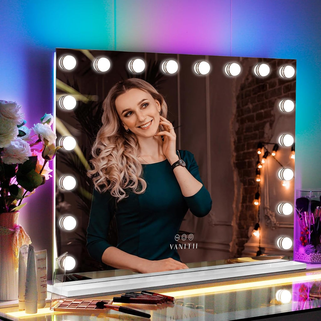 32" x 23" Hollywood Vanity Mirror with RGB Backlight and 18 Dimmable LED Bulbs, Color-Changing Lighted Makeup Mirror