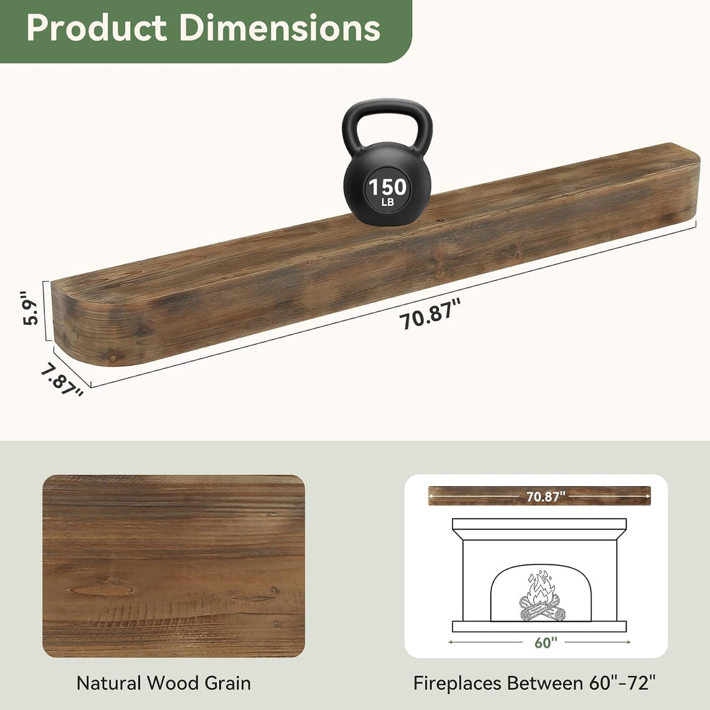 71-Inch, Wall-Mounted Mantles for Over Fireplace, Farmhouse Wood Floating Mantel Shelves for Wall, Living Room
