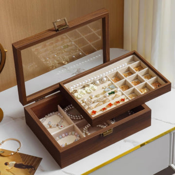 2-Layer Glass Lid Walnut Jewelry Box,Wooden Jewelry Organizer