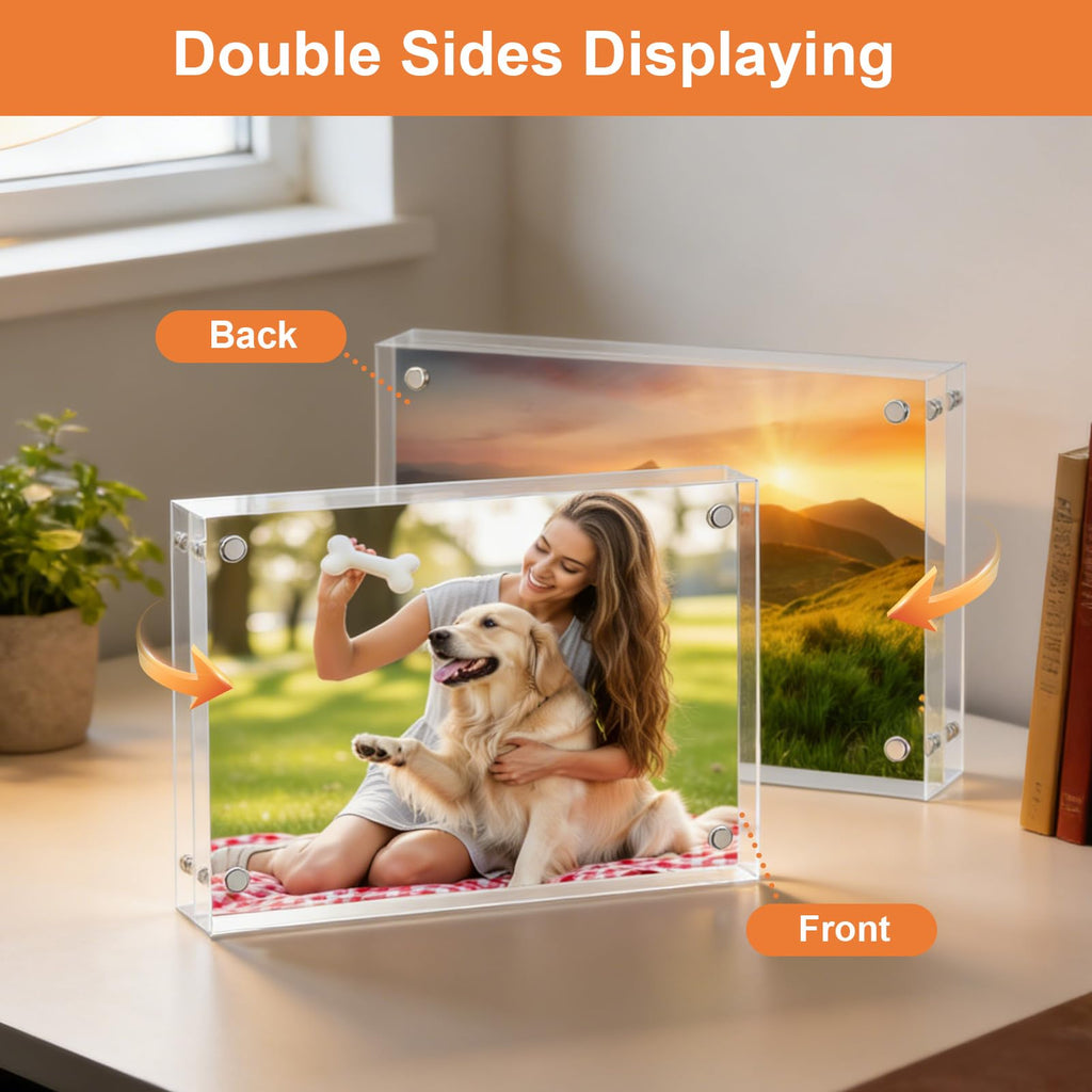 3 Pack 4x6 Inch Acrylic Picture Frames, 20mm Thicker Block Clear Frameless Picture Frames, Freestanding Double Sided