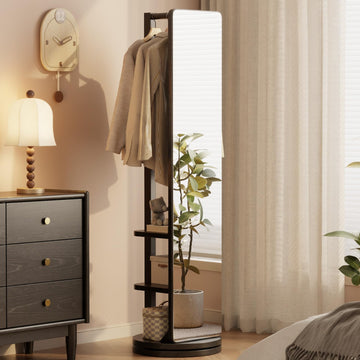Full Length Mirror Coat Rack Solid Wood Floor Mirror 66"x12" Full Length Mirror with Stand Long Mirrors (Black, 66"