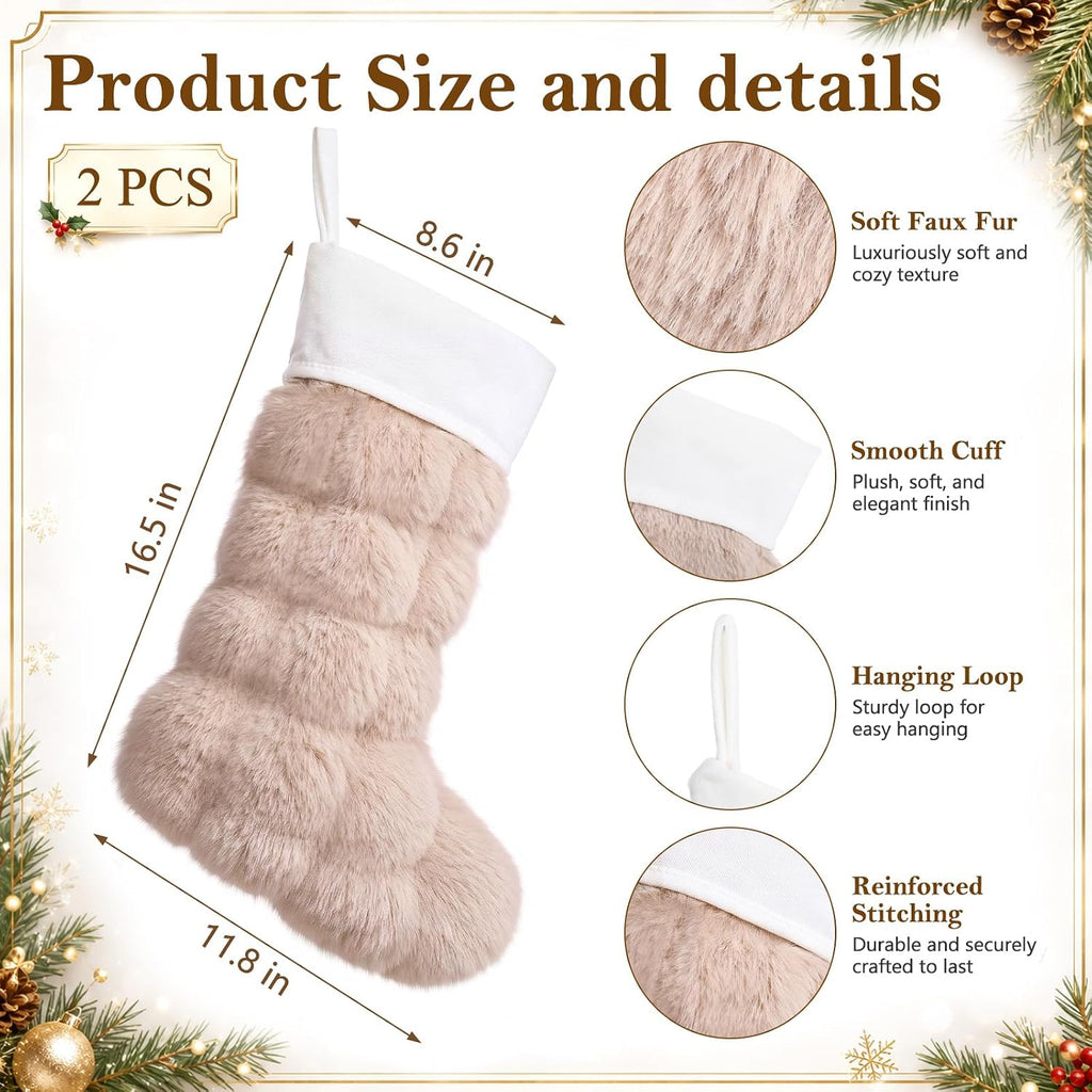16.5" Faux Fur Christmas Stockings Beige Quilted Stockings - Set of 2