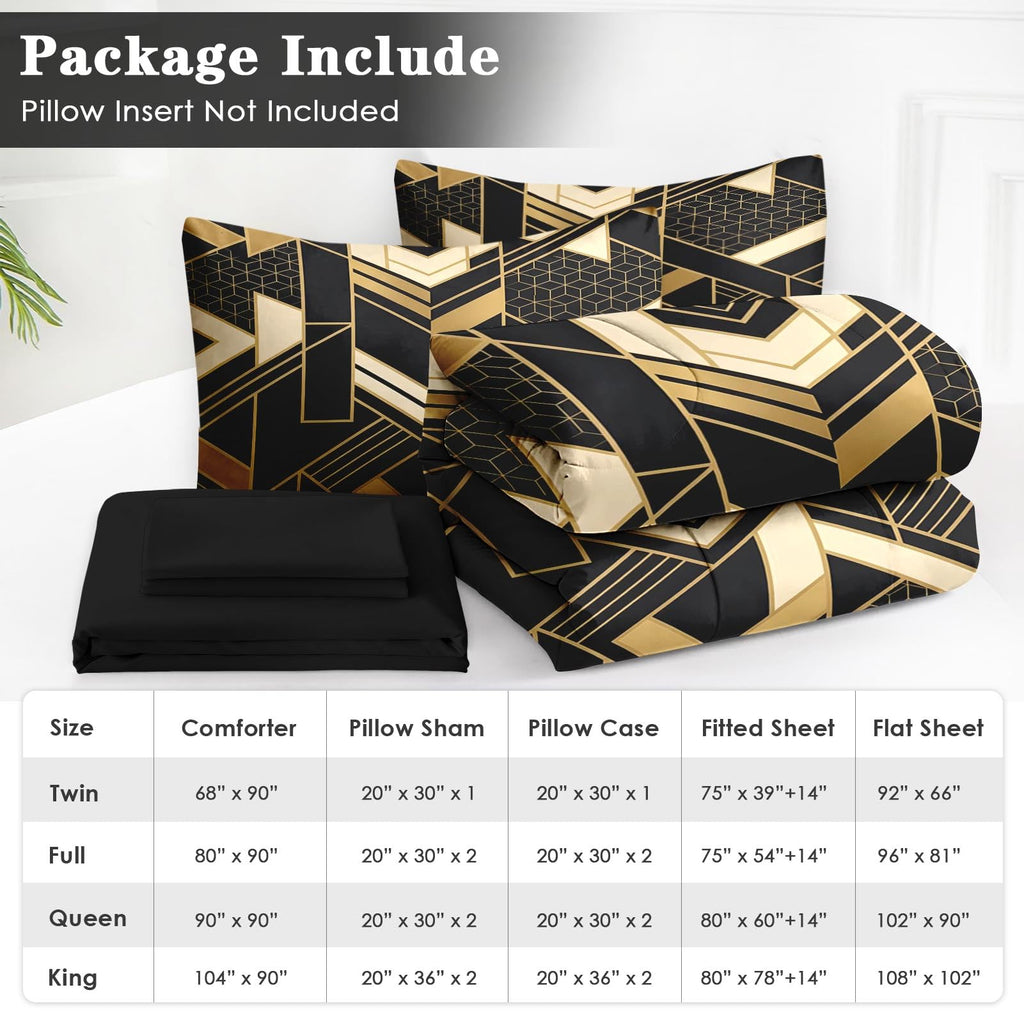Full Comforter Set with Sheets, 7 Pieces Geometric Gold Bedding