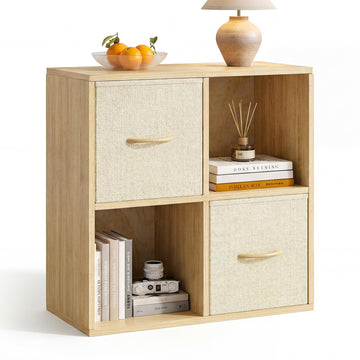 4 Cube Storage Organizer - Solid Wood Bookshelf with 2 Storage Bins, Cube Shelf with 2 Removable Back Panels