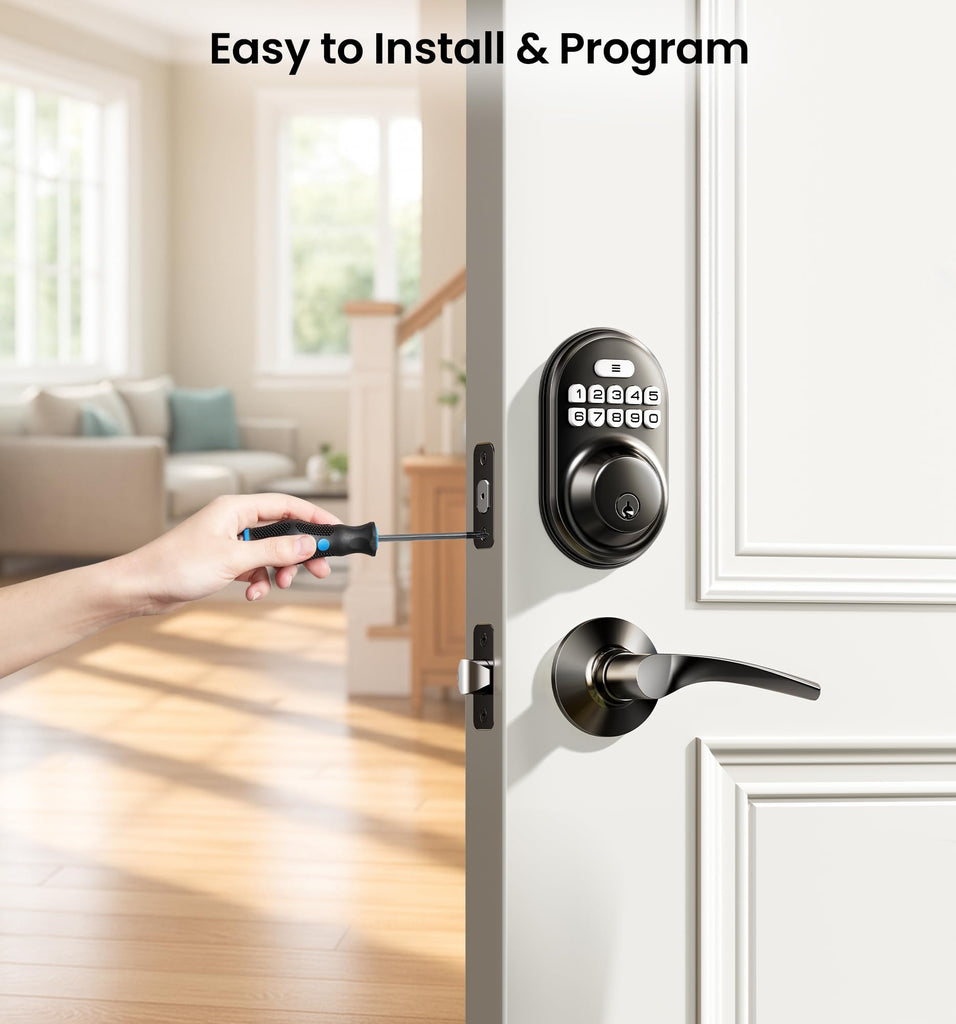 RZ-C Keyless Entry Door Lock with 2 Lever Handles, Matte Black