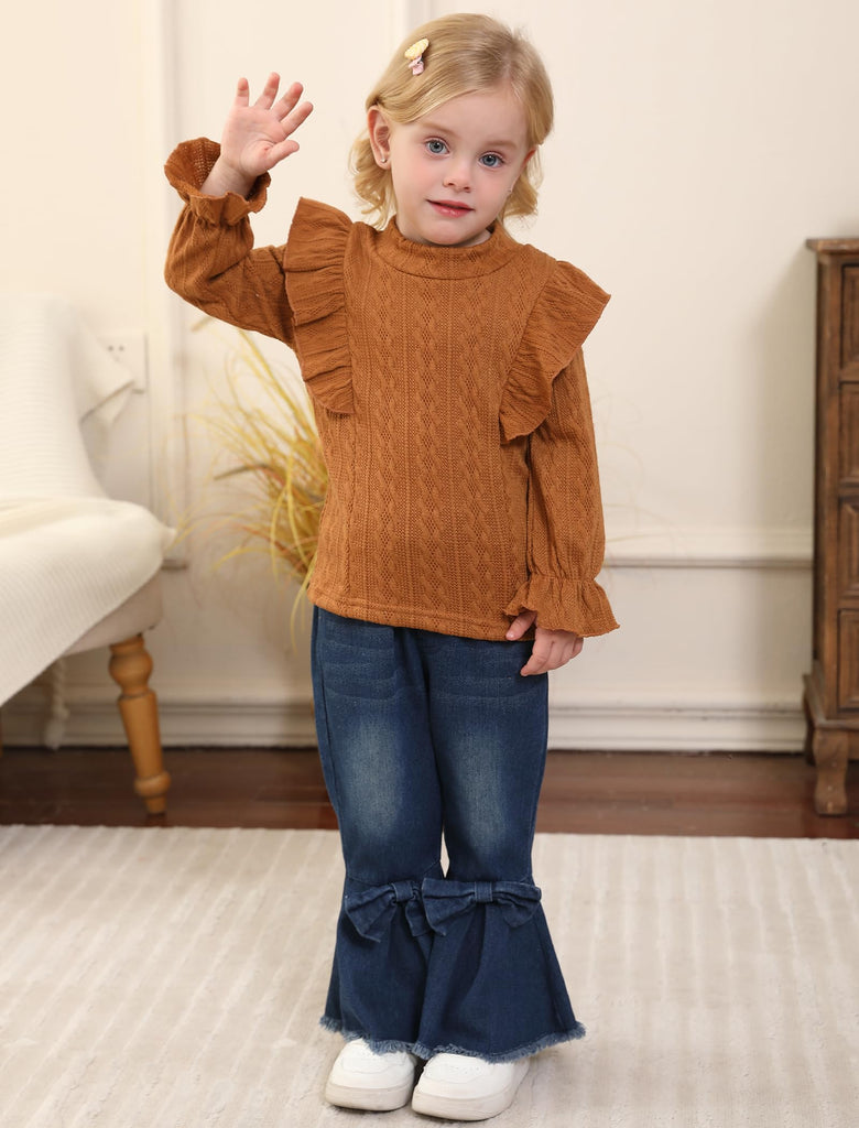 Toddler Girl Clothes Long Sleeve Ruffle Top Flare Jeans Pants Set