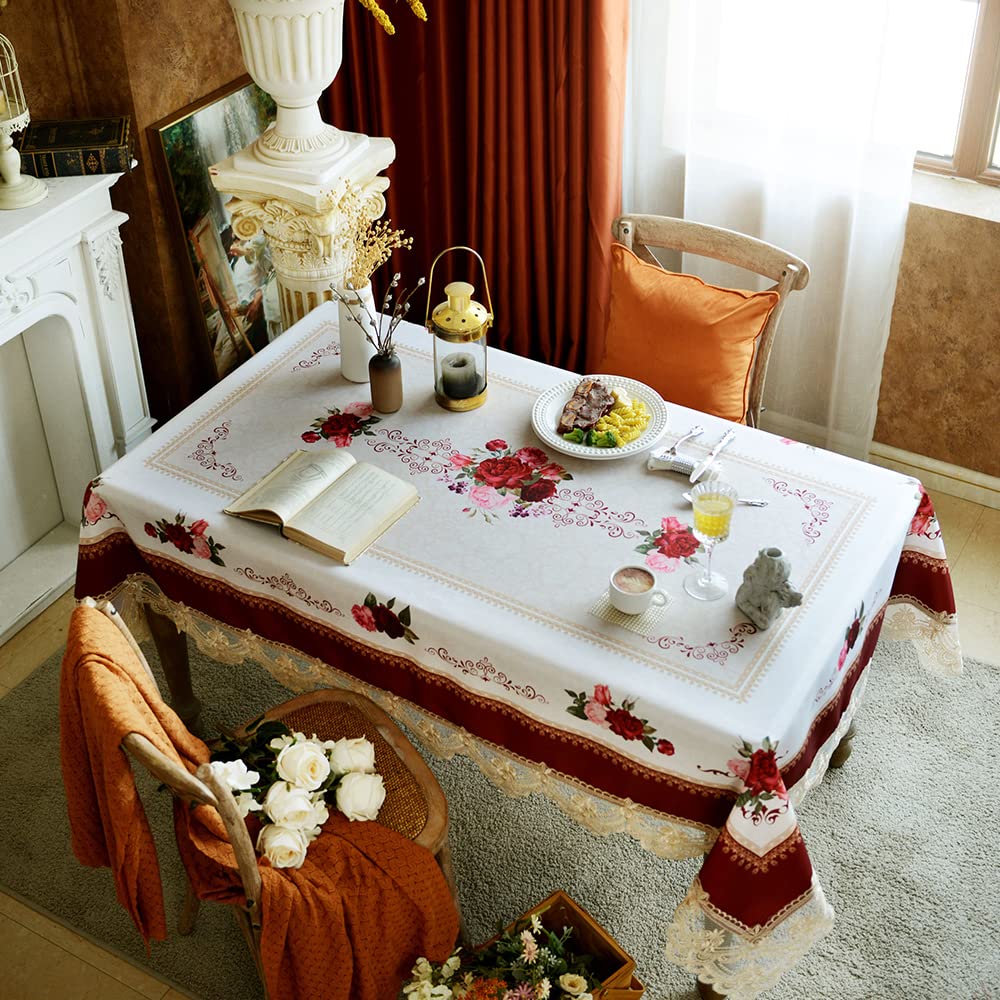 Table Cloth Rectangular 60x84 Inch Burgundy Retro Rose Luxury Lace