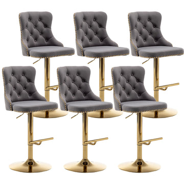 Gold Velvet Bar Stools Set of 6, Swivel Counter Height Bar Stools with Nailheads Trim, Adjustable Barstools Island
