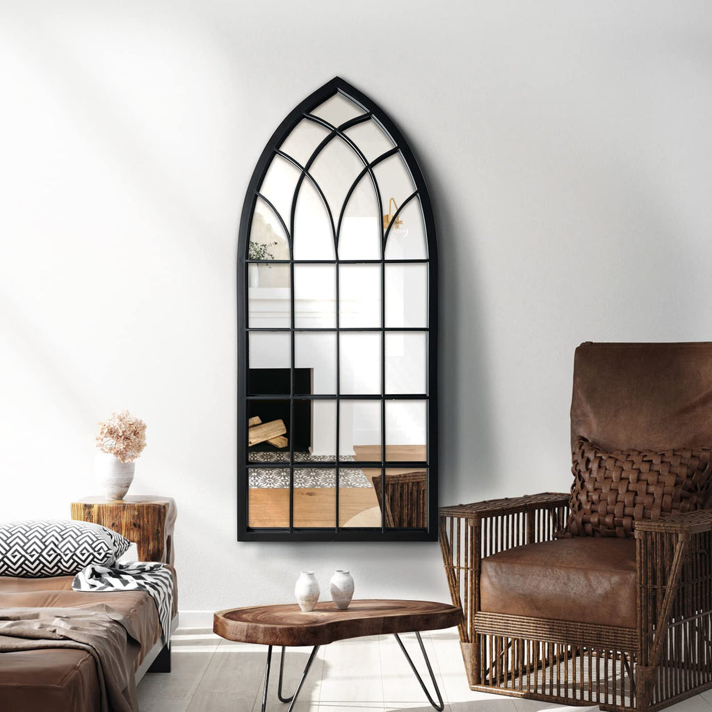Farmhouse Window Mirror,Arched Black Mantel Mirror,Cathedral Wall Mirrors with Window Pane /Fireplace/Living