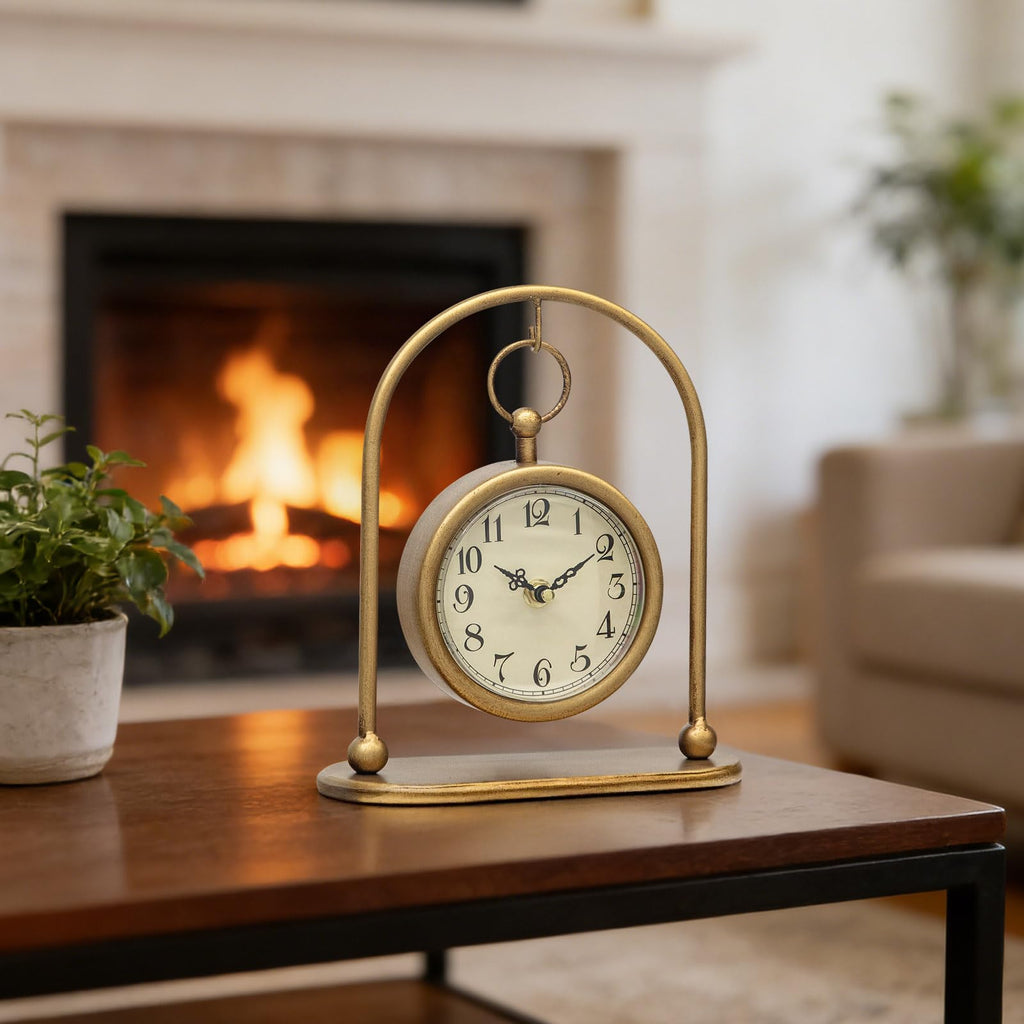 Vintage Small Gold Table Clock, Farmhouse Table Clock, Silent Non-Ticking Battery Operated Desk and Shelf Clocks