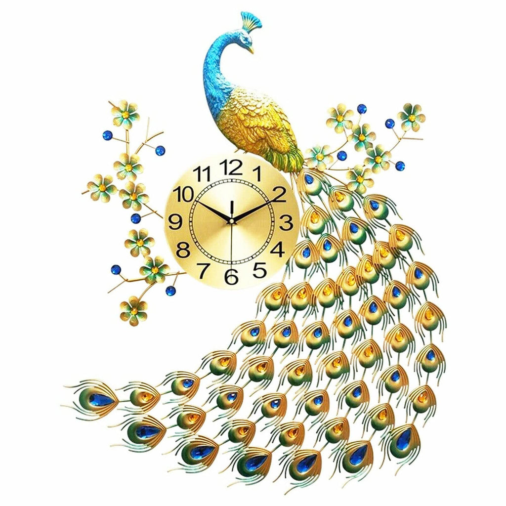 29.5" Large Peacock Wall Clock Crystal Decor, 3D Creative Luxury Wall Clock Silent Non-Ticking Battery Operated