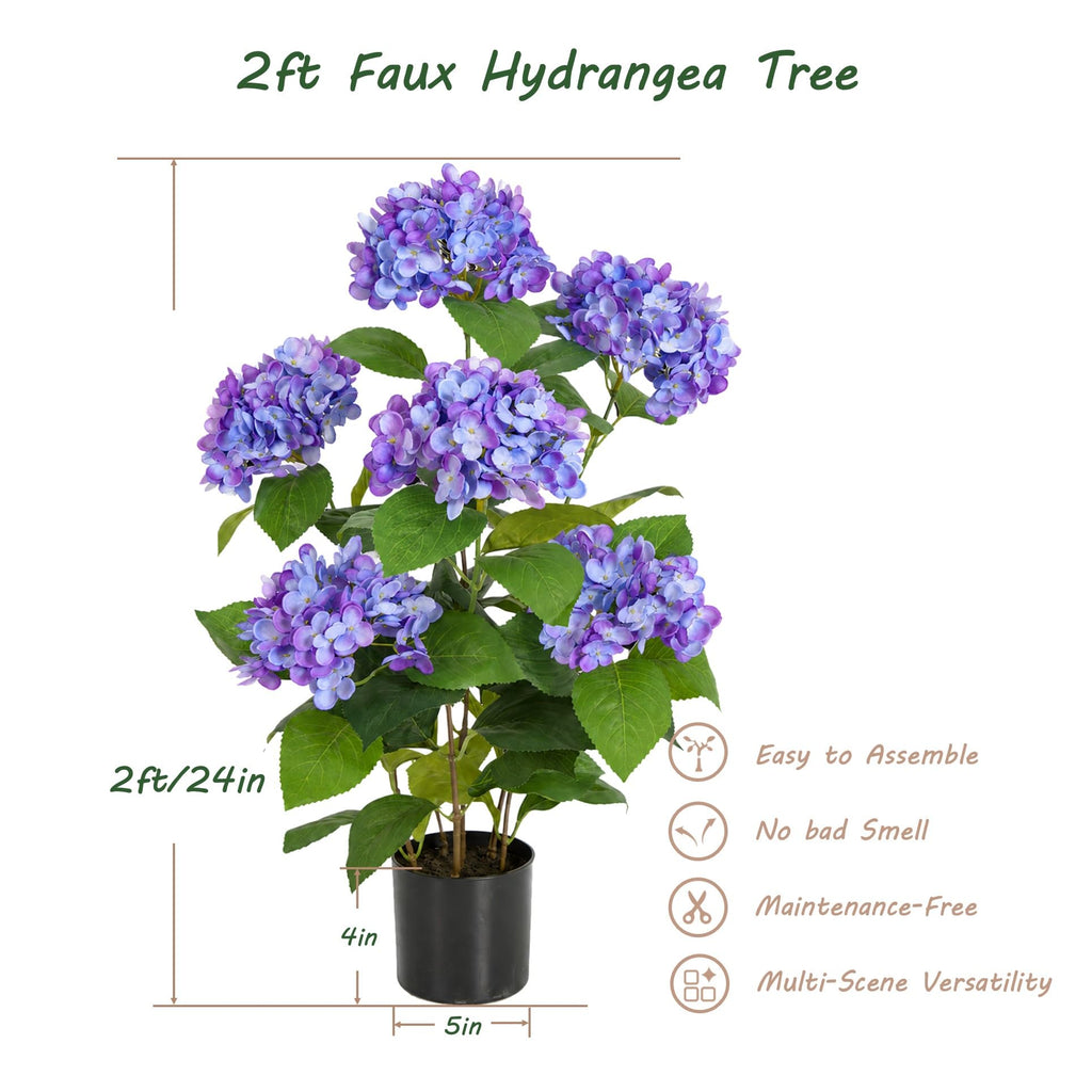 2ft Faux Hydrangea Tree with Purple Flowers, 24in Artificial Hydrangea Plant with Lifelike Leaves, Fake Hydrangea