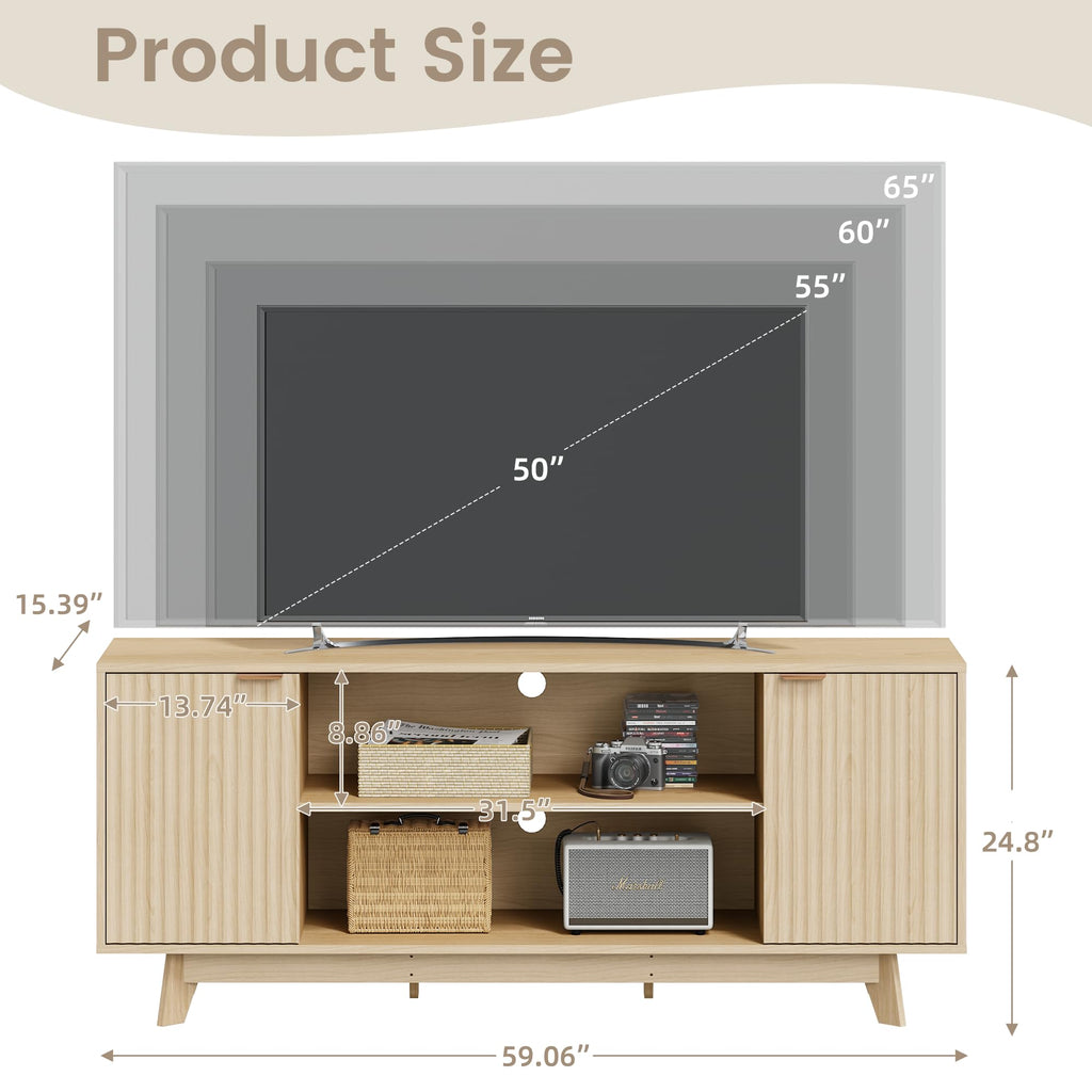 59" Fluted TV Stand for TVs up to 65", Oak Storage Console