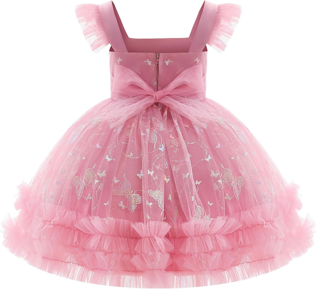 Baby Girl Flutter Sleeve Butterfly 1st 2nd 3rd Birthday Outfits Toddler Pageant Ball Gown Easter Formal Wedding Dress
