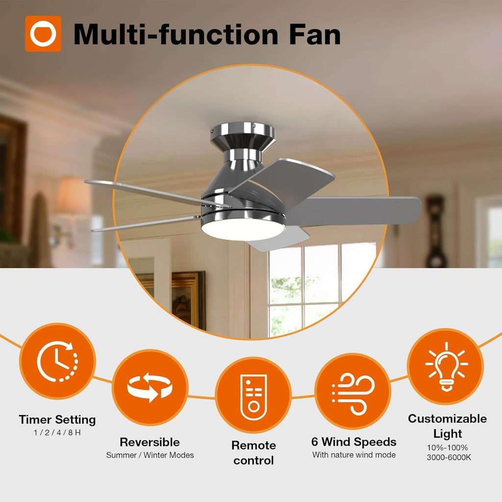 Ceiling Fans with Lights, 32 inch Low Profile Ceiling Fan with Light and Remote Control, Flush Mount, Reversible, 3CCT, Dimmable, Quiet, Nickel Small Ceiling Fan for Bedroom Indoor/Outdoor Use A103-B0CLNMG58R