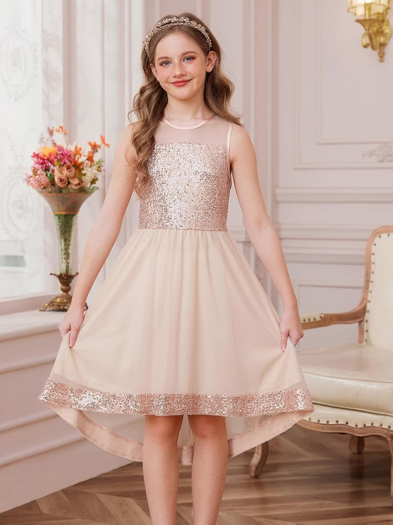 Girls Sequin Party Formal Dress Wedding Guest Sparkle Fancy Birthday Tulle High Low Prom Dresses