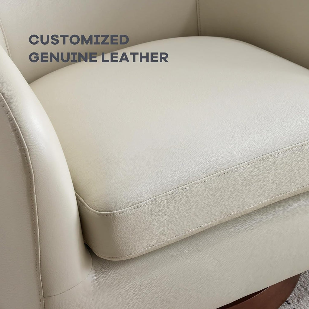 Genuine Leather Swivel Accent Chair, Barrel Chair, Soft Greige