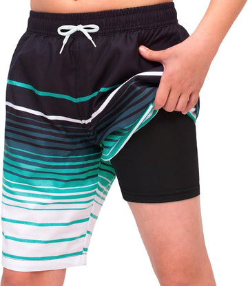 Boys Swim Trunks 2 in 1 Bathing Suits for Kids Quick Dry Board Shorts Swimming Swimwear with Compression Liner