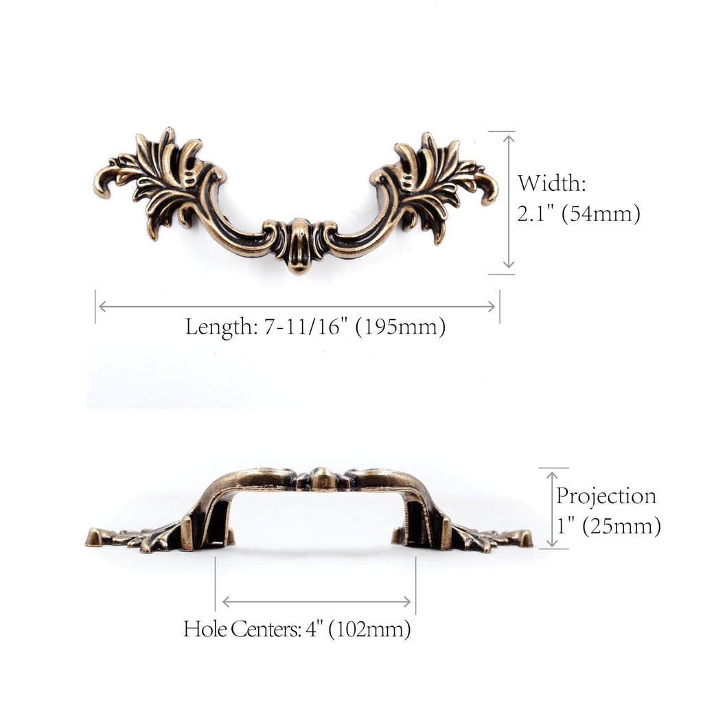 French Provincial Drawer Pulls - 4-Pack, Antique Brass, 4" Hole Centers, Vintage Shabby Chic Pulls for Dresser