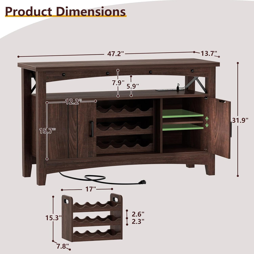 Farmhouse Coffee Bar Cabinet, Liquor Cabinet Bar , Wine Bar Cabinet with LED Lights and Outlets,Wine Cabinet with