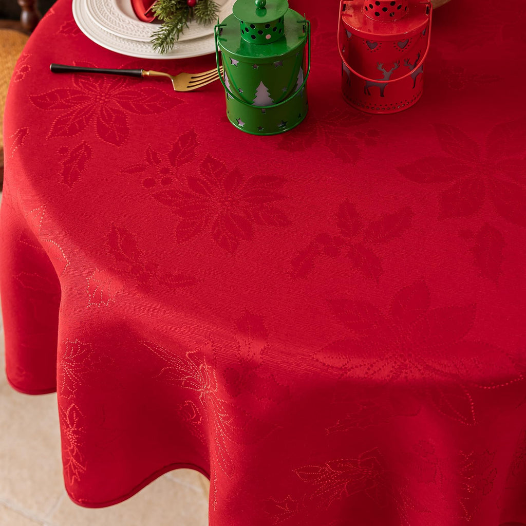 Red Christmas Tablecloth, Jacquard Fabric Winter Poinsettia Round Table Cloth, Countryside Waterproof Kitchen Dining