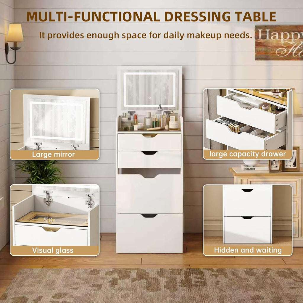 3-in-1 Vanity with Mirror and Lights, Modern Compact Vanity Table with 3 Storage Drawer, Small Makeup Vanity Desk