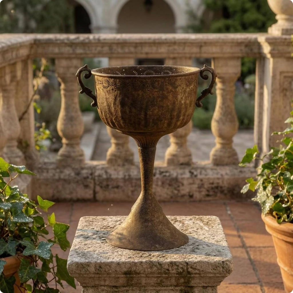 Outdoor Trophy Planter Pedestal Urn Planter Vase Pot with Weathered Texture and Deep Visual Depth Iron Body Suitable