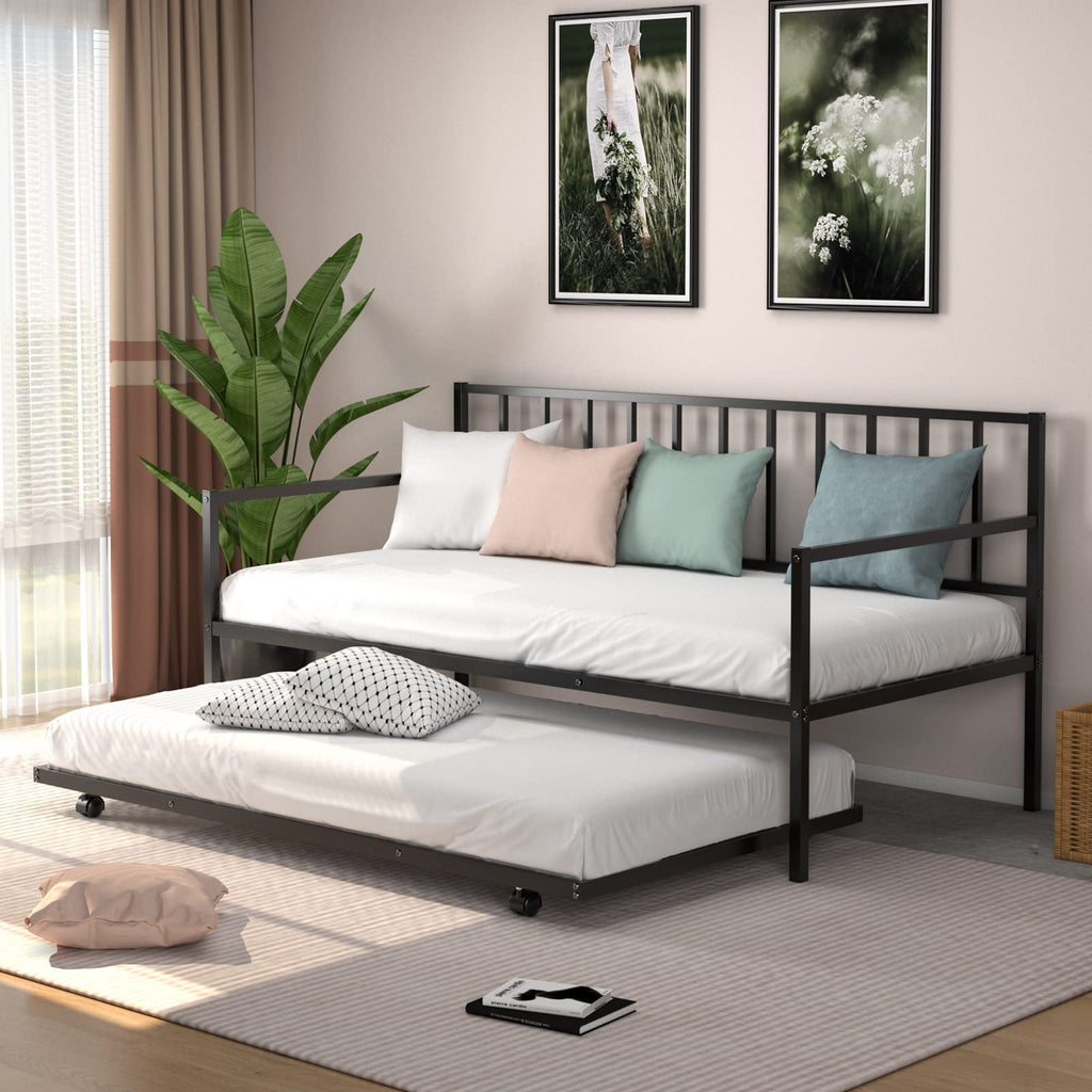 Twin Daybed with Trundle, Metal Bed Frame with Trundle, Daybed & Trundle Frame Set with Wheels & Metal Slat Support