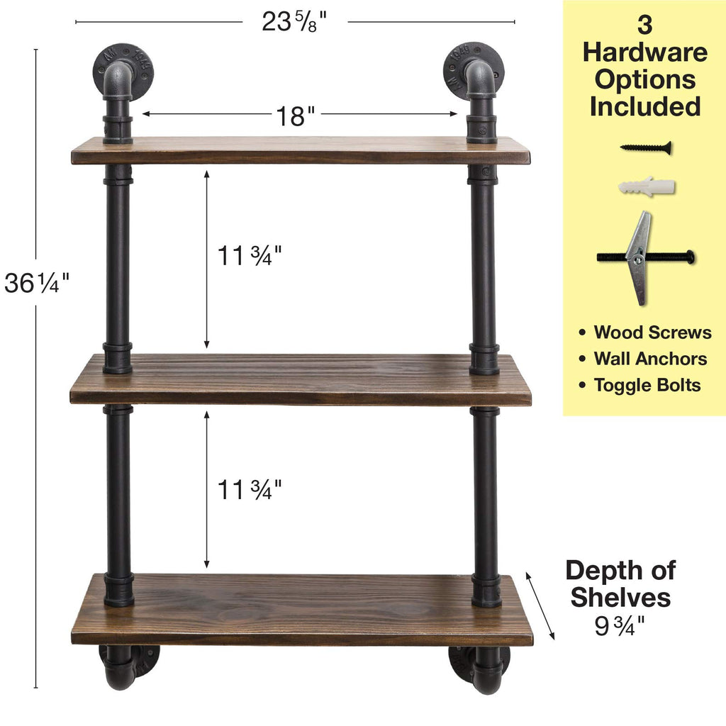 3-Tier Rustic Wooden Wall Floating Shelf Display 24"x36" With Iron Pipe