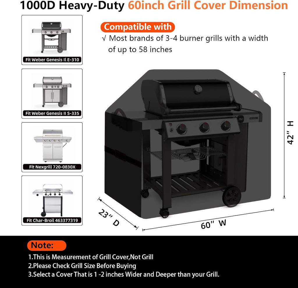 60" BBQ Grill Cover for Outdoor Grill 1000D Heavy Duty Waterproof | Fits Most 3-4 Burner Weber Nexgrill Char-Broil