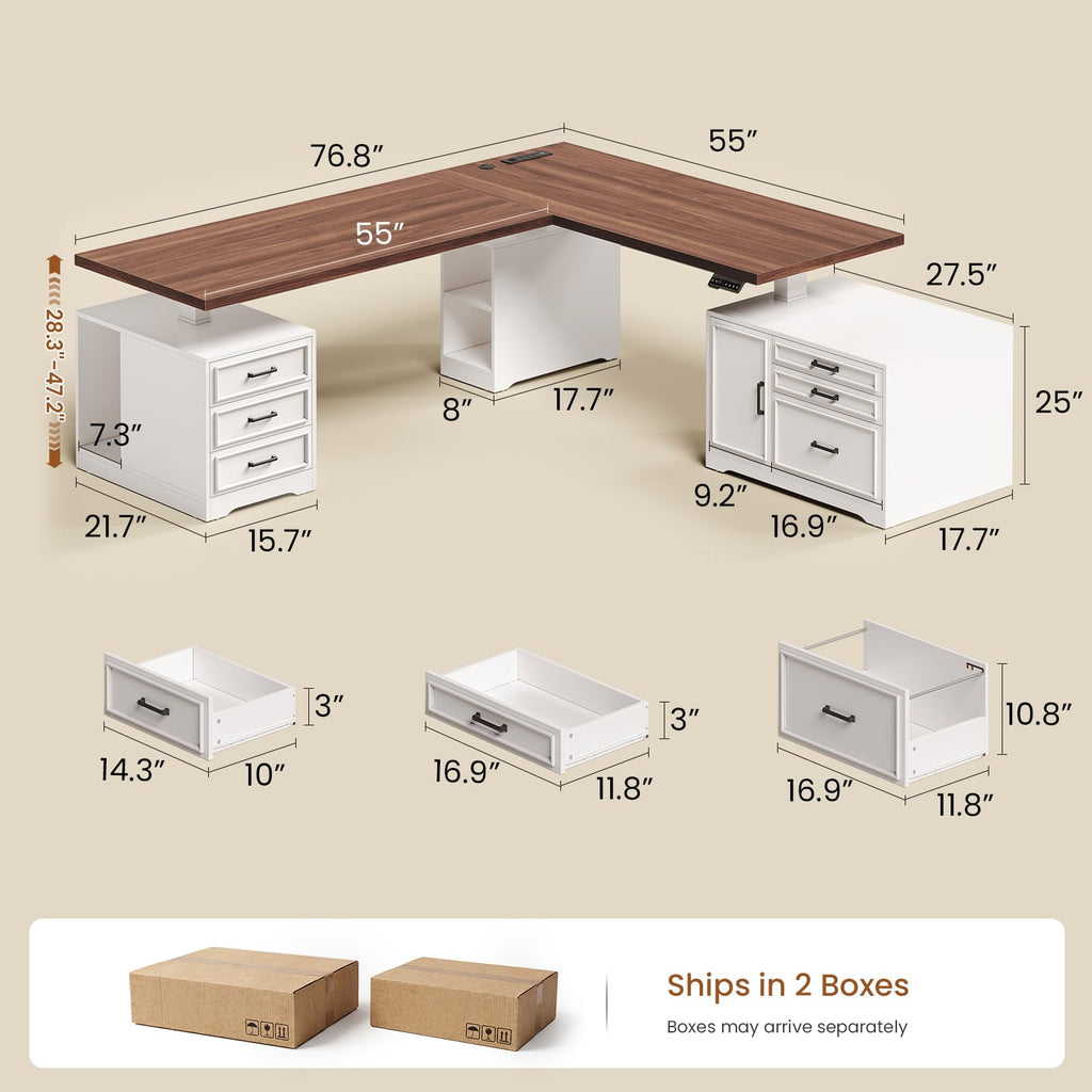 Farmhouse L Shaped Electric Standing Desk with File Cabinet, 77 x 55'' Height Adjustable Home Office Computer Desk
