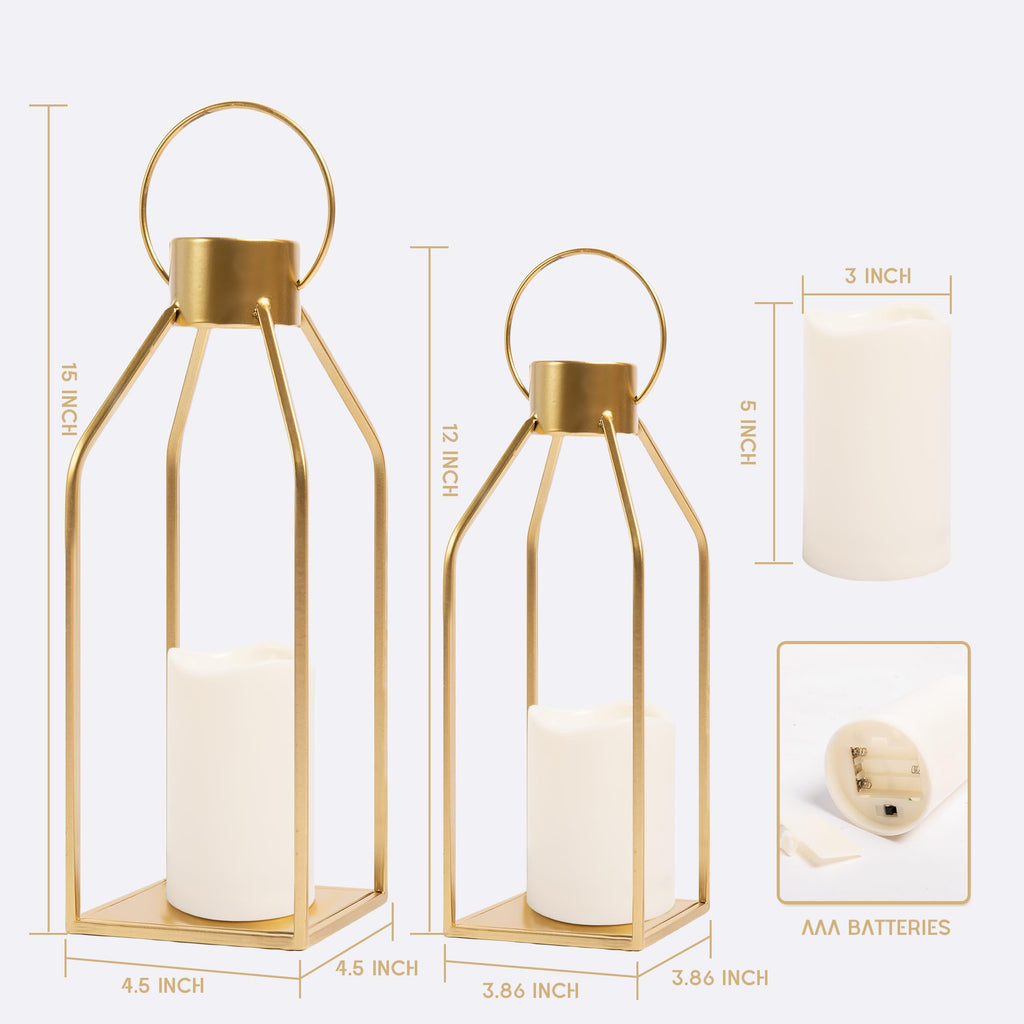 Modern Farmhouse Lantern Decor- Gold Metal Candle Lanterns for Christmas- Lanterns Decorative w/Timer Flickering