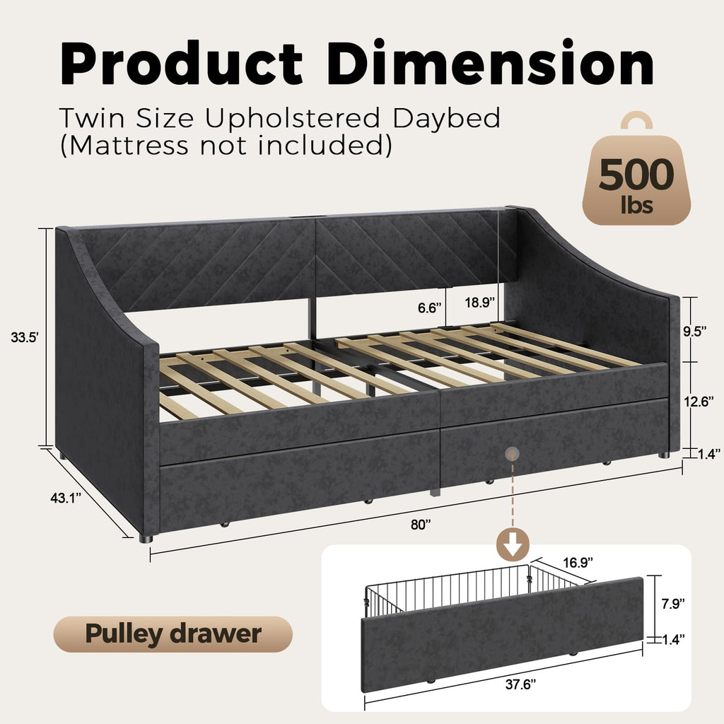 Twin Size Daybed with 2 Storage Drawers, Upholstered Daybed Frame with Charging Station, Heavy Duty Sofa Bed, No Box
