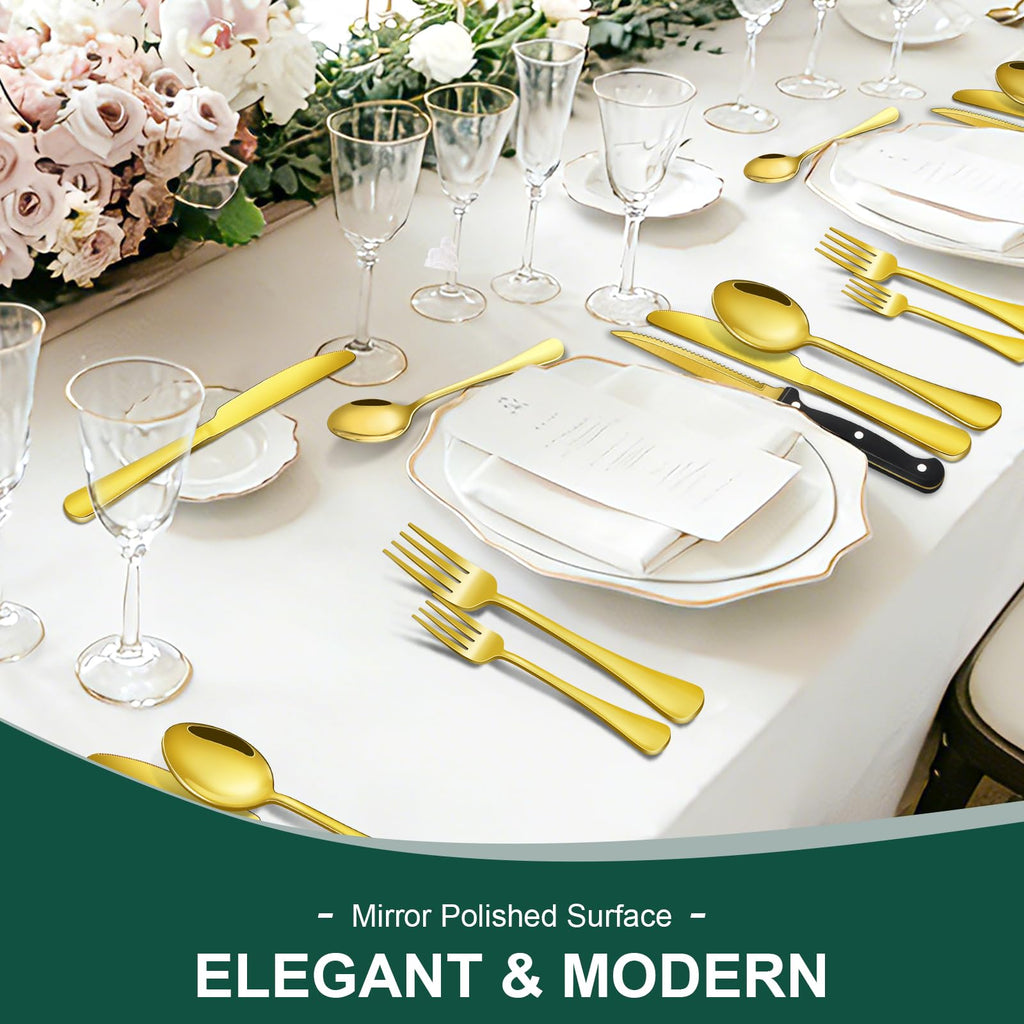 24-Piece Gold Silverware Set with Steak Knives Stainless Steel Flatware Set for 4 Food Grade Tableware Cutlery Set