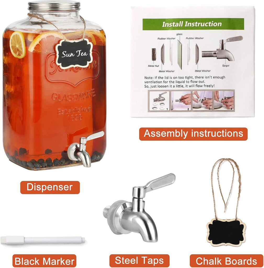 2 Gallon Glass Drink Dispenser - Stainless Steel Leakproof Spigot and Lid, Beverage for Parties, Water Beverage