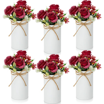 6 Sets Wedding Centerpiece for Table Decoration Red Artificial Fake Rose Flower with Metal Vase Faux Silk Rose
